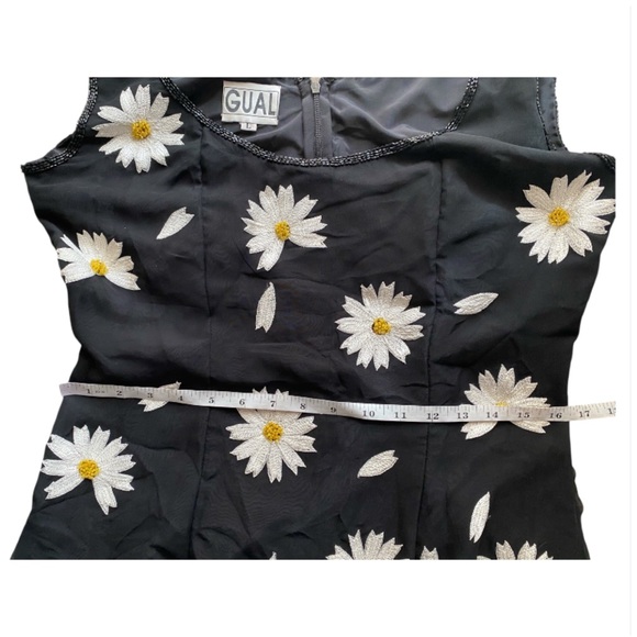Y2K GUAL Designer Silk Embroidered Beaded Daisy Long Dress Black Size Large - Picture 9 of 12